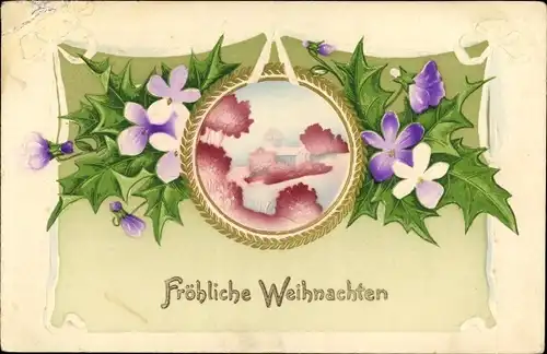 Präge Ak Glückwunsch Weihnachten, Stechpalme, Blumen