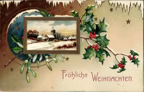 Präge Ak Glückwunsch Weihnachten, Stechpalme, Mistelzweige, Kirche
