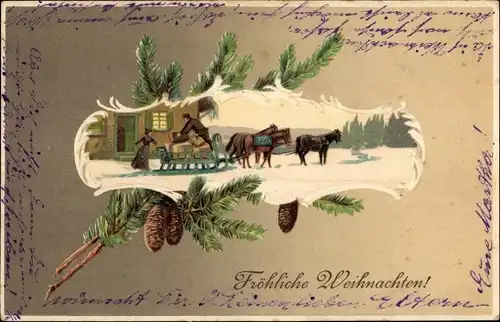 Präge Passepartout Ak Glückwunsch Weihnachten, Tannenzweige, Schlittengespann