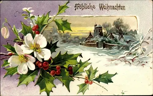 Ak Glückwunsch Weihnachten, Stechpalmenzweige, Christrose