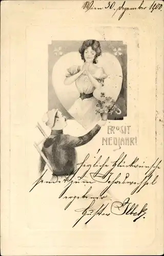 Präge Ak Glückwunsch Neujahr, Liebespaar, Herz, Schornsteinfeger, Geschenk