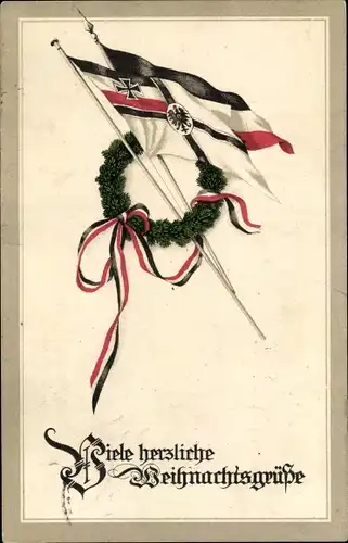 Ak Glückwunsch Weihnachten, Kranz, Kaiserliche Fahne