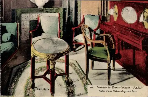 Ak Paquebot Paris, CGT, Interieur, Salon d'une Cabine de grand luxe