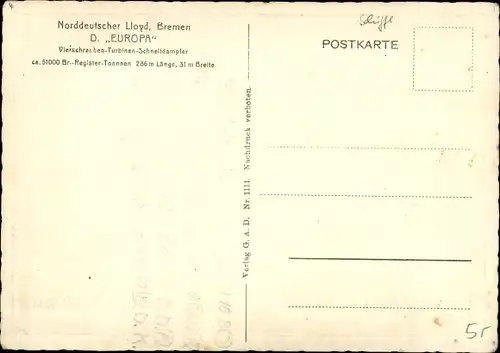 Ak Dampfschiff Europa, Norddeutscher Lloyd Bremen