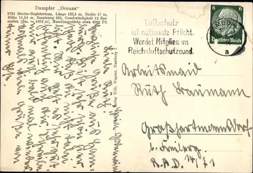 Ak Dampfer Oceana, Hamburg-Amerika-Linie, HAPAG