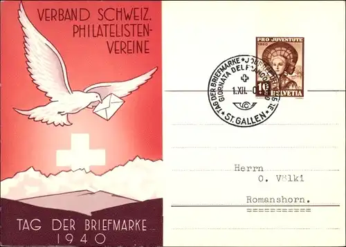Ak Schweiz, Tag der Briefmarke 1940, Verband schweiz. Philatelisten-Vereine, Taube mit Brief
