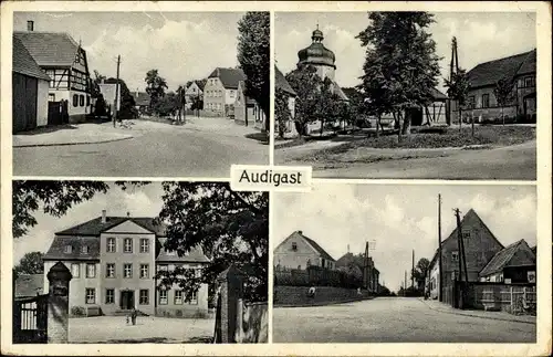 Ak Audigast Groitzsch in Sachsen, Teilansichten, Straßenpartie, Turm