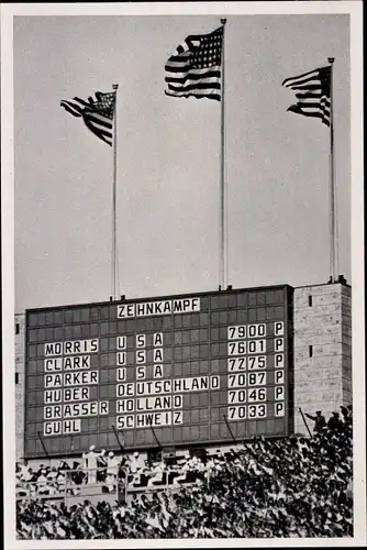 Sammelbild Olympia 1936, Punktetafel, Zehnkampf, Morris, Clark, Parker, USA