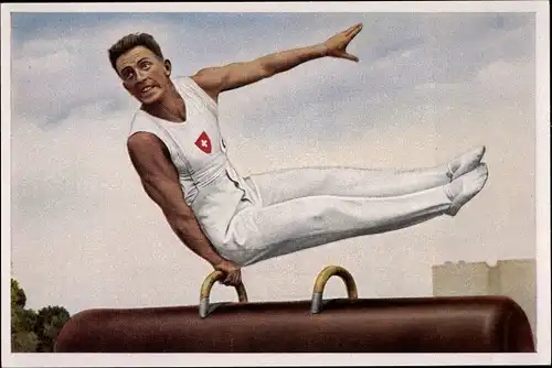 Sammelbild Olympia 1936, Schweizer Turner Mack am Pferd