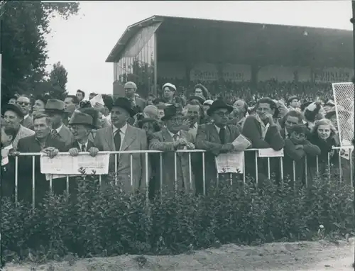 Foto Berlin West 1954, Trabrennbahn Mariendorf, Pferderennbahn, Tribüne, Zuschauer