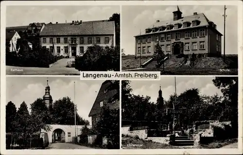 Ak Langenau Brand Erbisdorf im Kreis Mittelsachsen, Rathaus, Schule, Kirche, Ehrenmal
