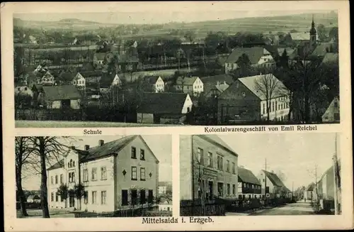 Ak Mittelsaida Großhartmannsdorf im Erzgebirge, Schule, Kolonialwarengeschäft von Emil Reichel