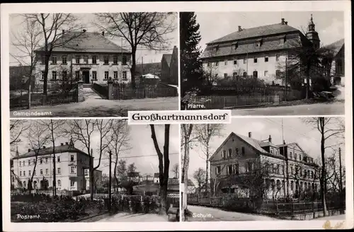 Ak Großhartmannsdorf im Erzgebirge, Gemeindeamt, Pfarre, Postamt, Schule
