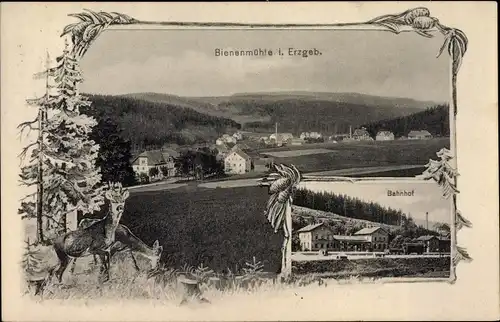 Ak Rechenberg Bienenmühle Erzgebirge, Gesamtansicht, Bahnhof