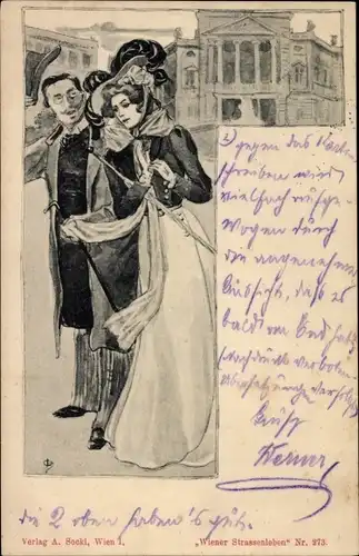 Künstler Ak Wien, Wiener Straßenleben, Paar beim Spaziergang