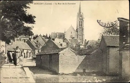 Ak Douchy Loiret, Rue de la Fontaine, eglise