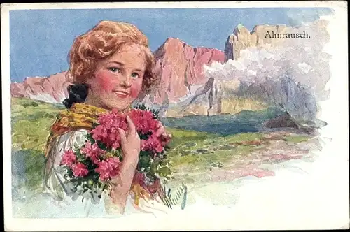 Künstler Ak Feiertag, K., Mädchen-Portrait, Blumen, Almrausch