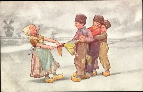Künstler Ak Feiertag, Karl, Kinder in niederländischen Trachten, Streit um Puppe