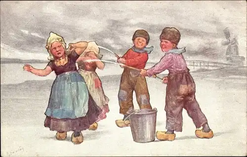 Künstler Ak Feiertag, Karl, Jungen bespritzen Mädchen mit Wasser, Tracht