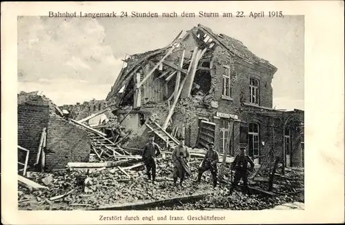 Ak Langemark Poelkapelle Westflandern, Bahnhof 1915, Kriegszerstörungen, I. WK