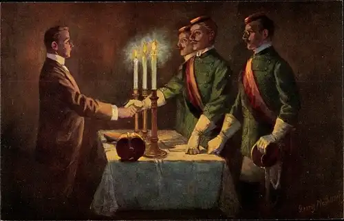 Studentika Künstler Ak Mühlberg, Georg, Rezeption im Korps, Burschenschaft, Studenten