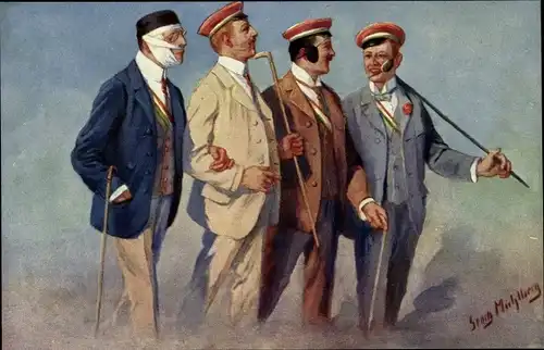 Studentika Künstler Ak Mühlberg, Georg, Renommierbummel, Studenten mit Verletzungen