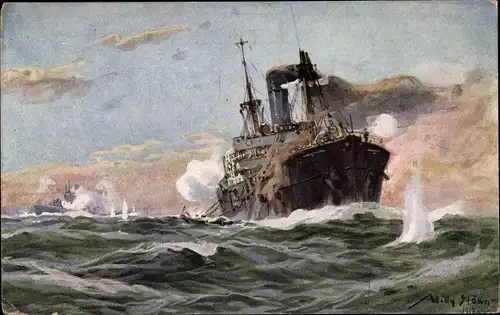 Künstler Ak Stöwer, Willy, Deutsches U Boot im Gefecht mit einem Handelsdampfer im Sperrgebiet