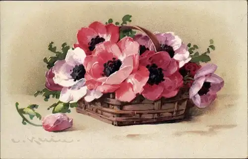 Künstler Ak Klein, Catharina, Körbchen mit Anemonen, Blüten, Blumen, Meissner & Buch 2194