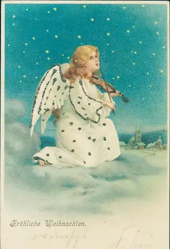 Glitzer Litho Glückwunsch Weihnachten, Engel Geige spielend
