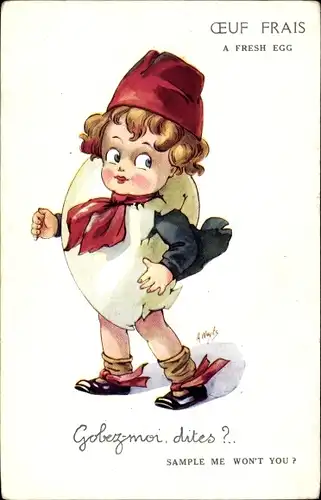 Ak A fresh egg, sample me, Kind im Ei
