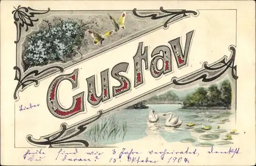 Buchstaben Ak Vorname Gustav, Teich, Schwäne