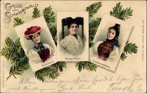 Litho Gruß vom Schwarzwald, Frauen in Trachten, Gutacherin, Markgräflerin, Schwarzwälderin