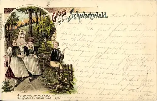 Litho Gruß vom Schwarzwald, Schwarzwälder Trachten, Wer uns will lebendig sehen...