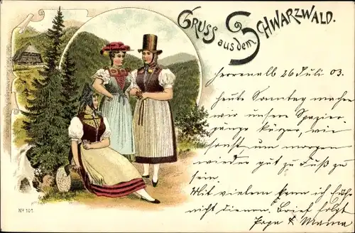 Litho Gruß vom Schwarzwald, Frauen in Schwarzwälder Trachten
