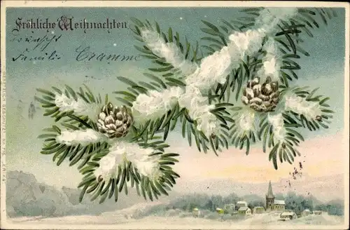 Präge Litho Frohe Weihnachten, Tannenzapfen, Schneelandschaft