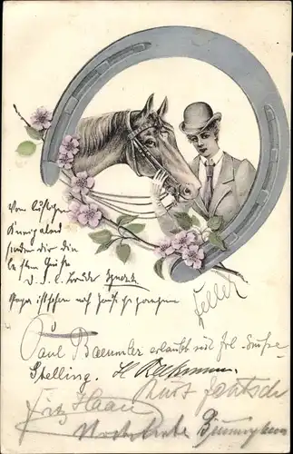 Ak Mann und Pferd, Hufeisen, Blumen