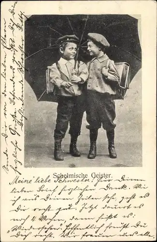 Ak Schelmische Geister, Kinder, Schultaschen, Regenschirm