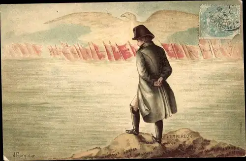 Künstler Ak Fourquier,Napoleon Bonaparte, Adler, Fahnen mit Schlachten, Austerlitz, Wagram, Waterloo