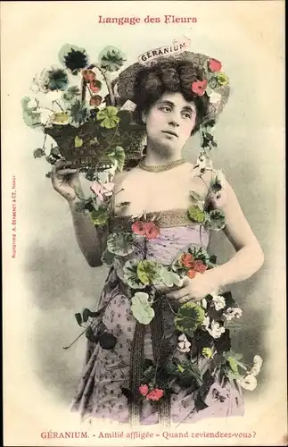 Ak Langage des Fleurs, Geranium, Blumensprache, Frau