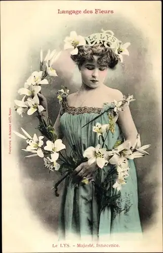 Ak Langage des Fleurs, Le Lys, Lilien, Blumensprache, Frau