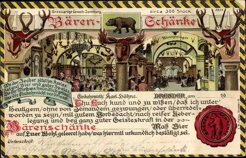 Litho Dresden, Geweihsammlung der Bärenschänke, Wirt Karl Höhne, Siegel