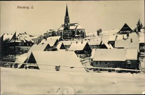 Ak Altenberg im Erzgebirge, Teilansicht im Schnee, Kirche