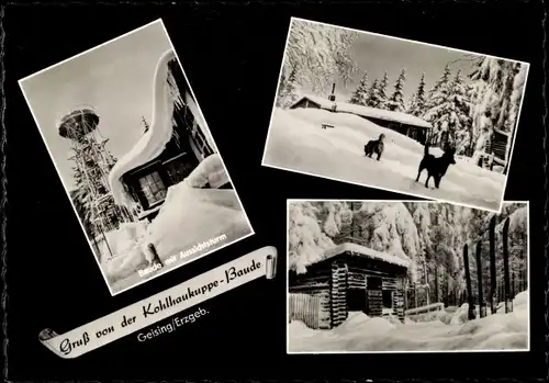 Ak Geising Altenberg im Erzgebirge, Kohlhaukuppe-Baude im Schnee, Hunde, Aussichtsturm, Hütte