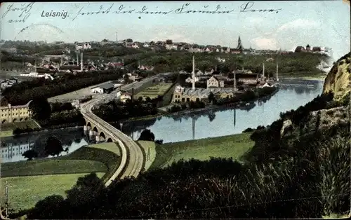 Ak Leisnig in Sachsen, Panorama. Eisenbahnbrücke, Bahnstrecke