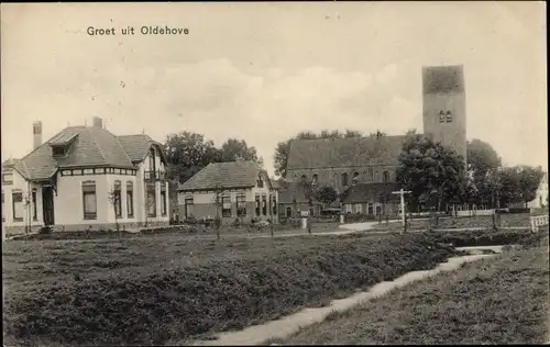 Ak Oldehove Groningen Niederlande, Kirche, Häuser, Fluss
