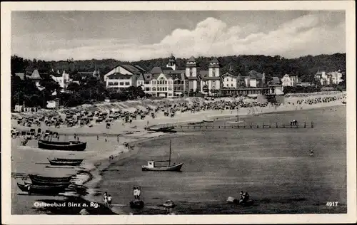 Ak Seebad Binz auf Rügen, Strandpartie, Kurhaus, Boote