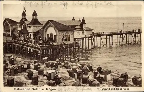 Ak Ostseebad Sellin auf Rügen, Strand mit Seebrücke