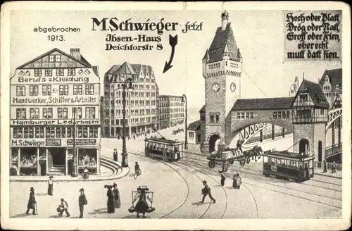 Ak Hamburg Mitte Altstadt, M. Schwieger jetzt Ibsen-Haus, Tor, Turm, Straßenbahn, Kutsche