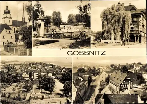 Ak Gößnitz in Thüringen, Marktgasse, Schwimmbad, Goethebrunnen, Teilansichten der Stadt