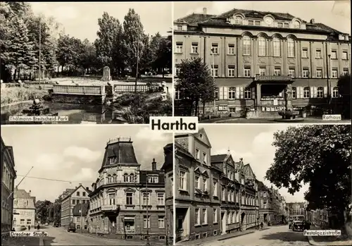 Ak Hartha in Sachsen, Thälmann Breitscheid Park, Rathaus, Dresdner Straße, Pestalozzistraße